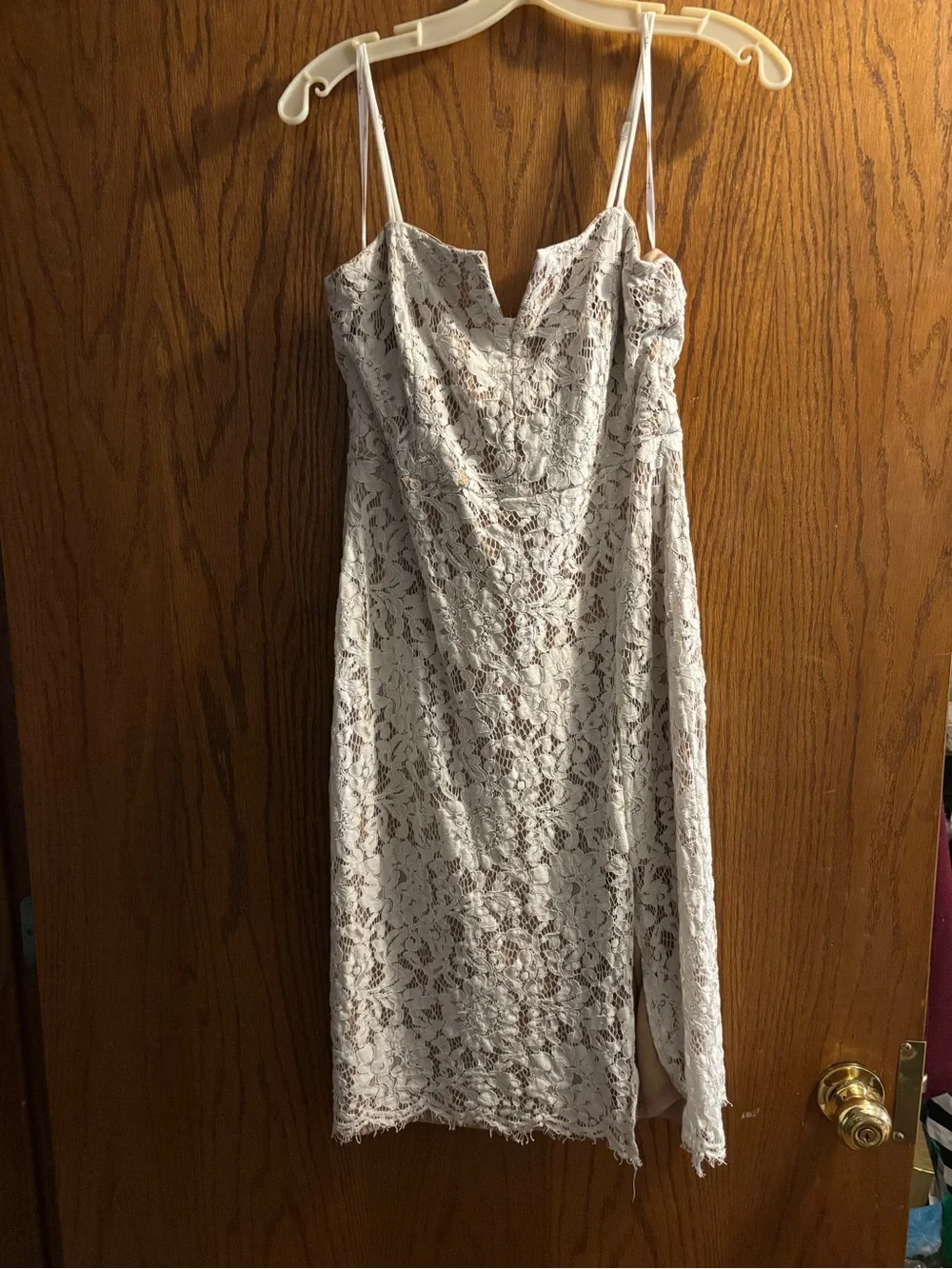 Lulu's White Lace V-Notch Spaghetti Strap Midi Dress